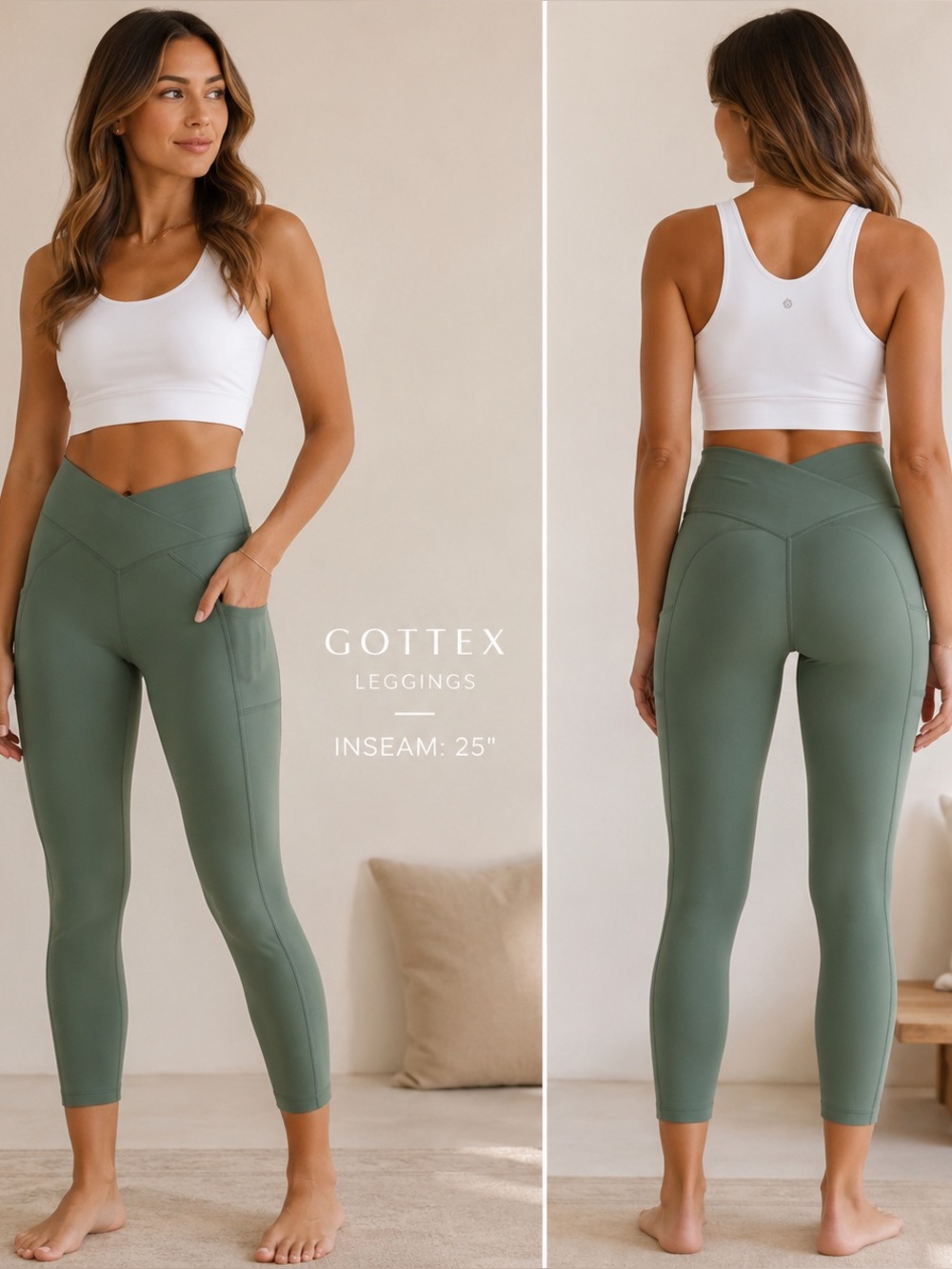 Gottex High-Waisted Crossover Pocket Leggings Sage Green XS 25” Crop NWOT